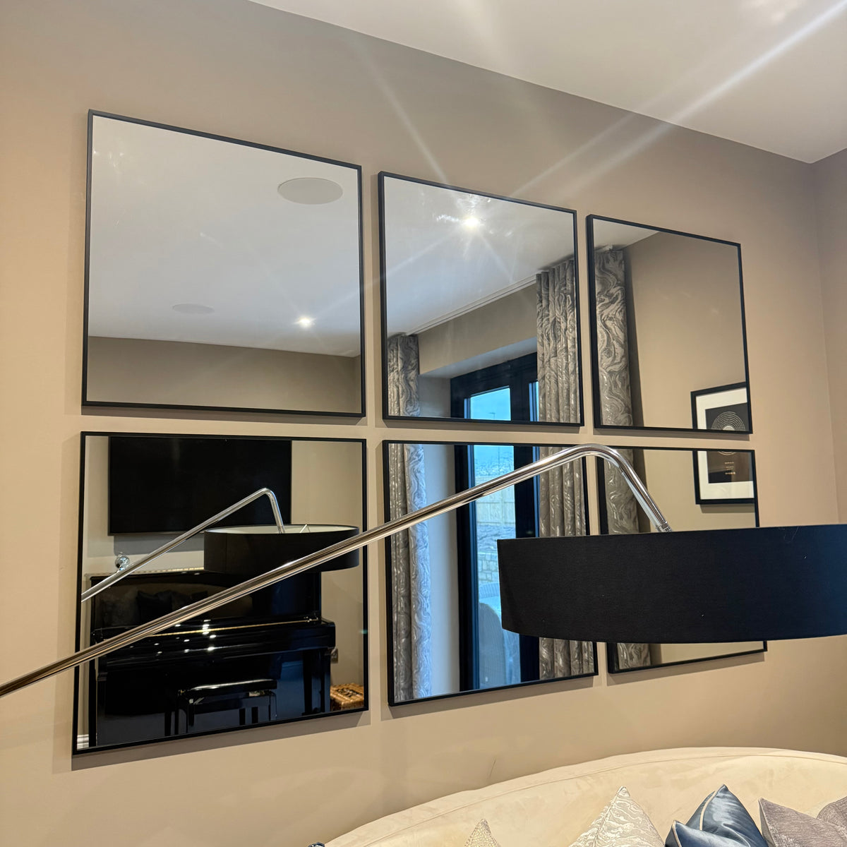 Large Black Framed 6 Panel Wall Mirror