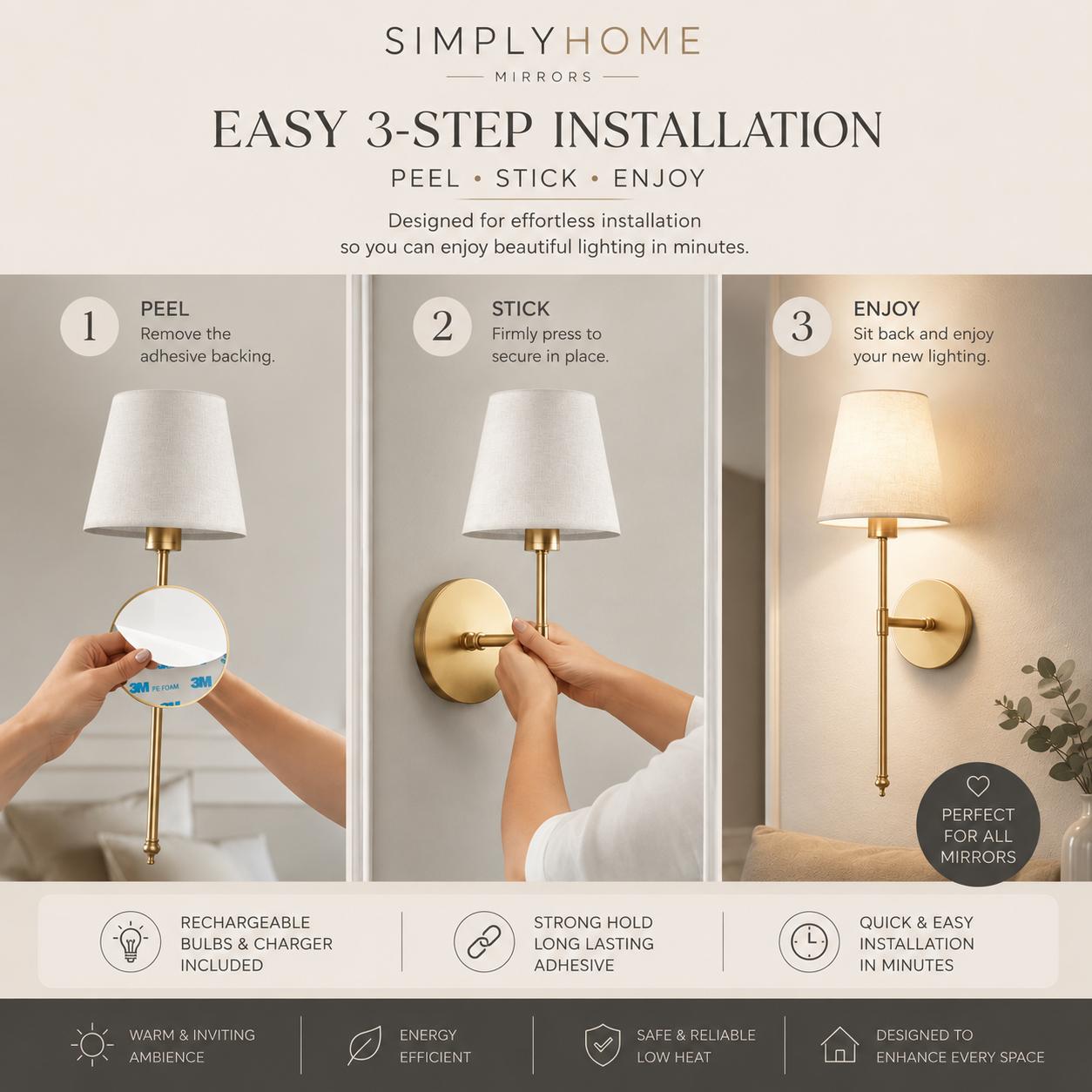 Pair of Gold Wireless Stick On Wall Lamps - Long Stem