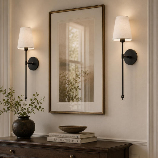 Pair of Black Wireless Stick On Wall Lamps - Long Stem