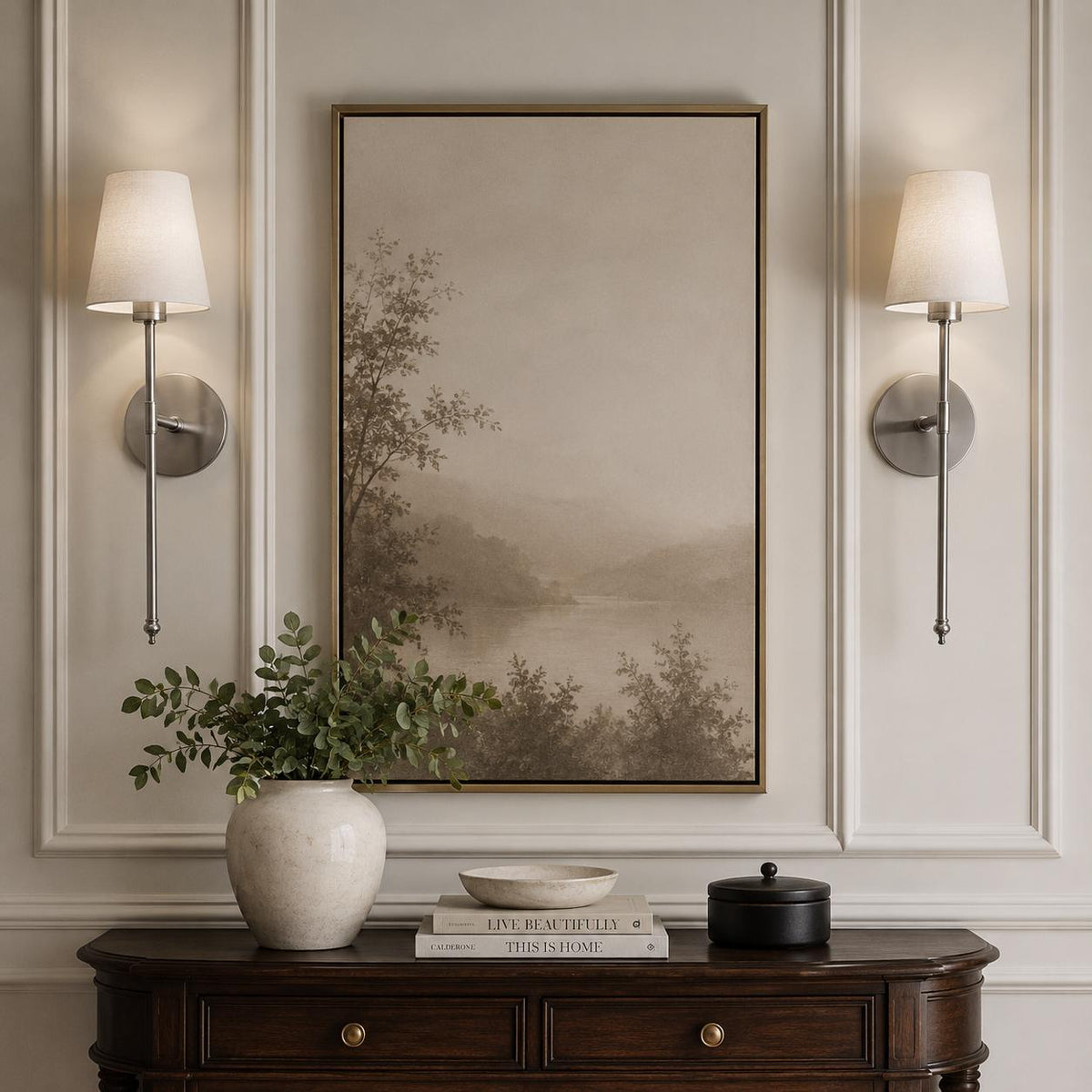 Pair of Silver Wireless Stick On Wall Lamps - Long Stem