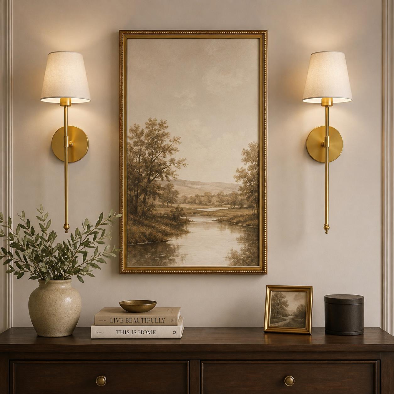 Pair of Gold Wireless Stick On Wall Lamps - Long Stem