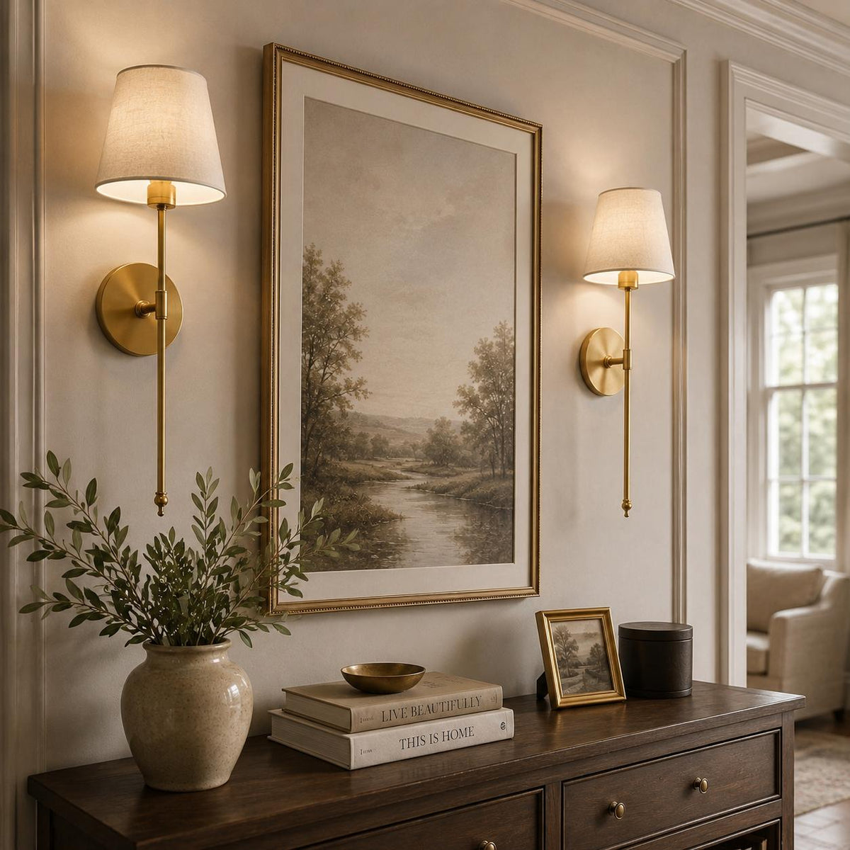 Pair of Gold Wireless Stick On Wall Lamps - Long Stem