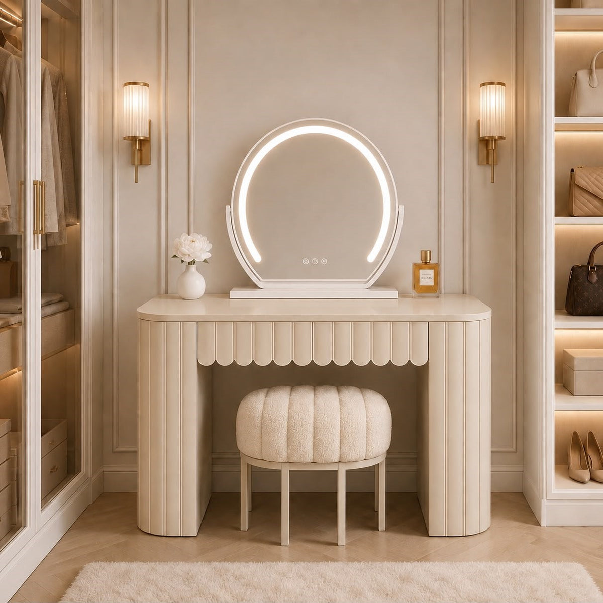 The Clara Dressing Table - Beige (Stool & Mirror Set)