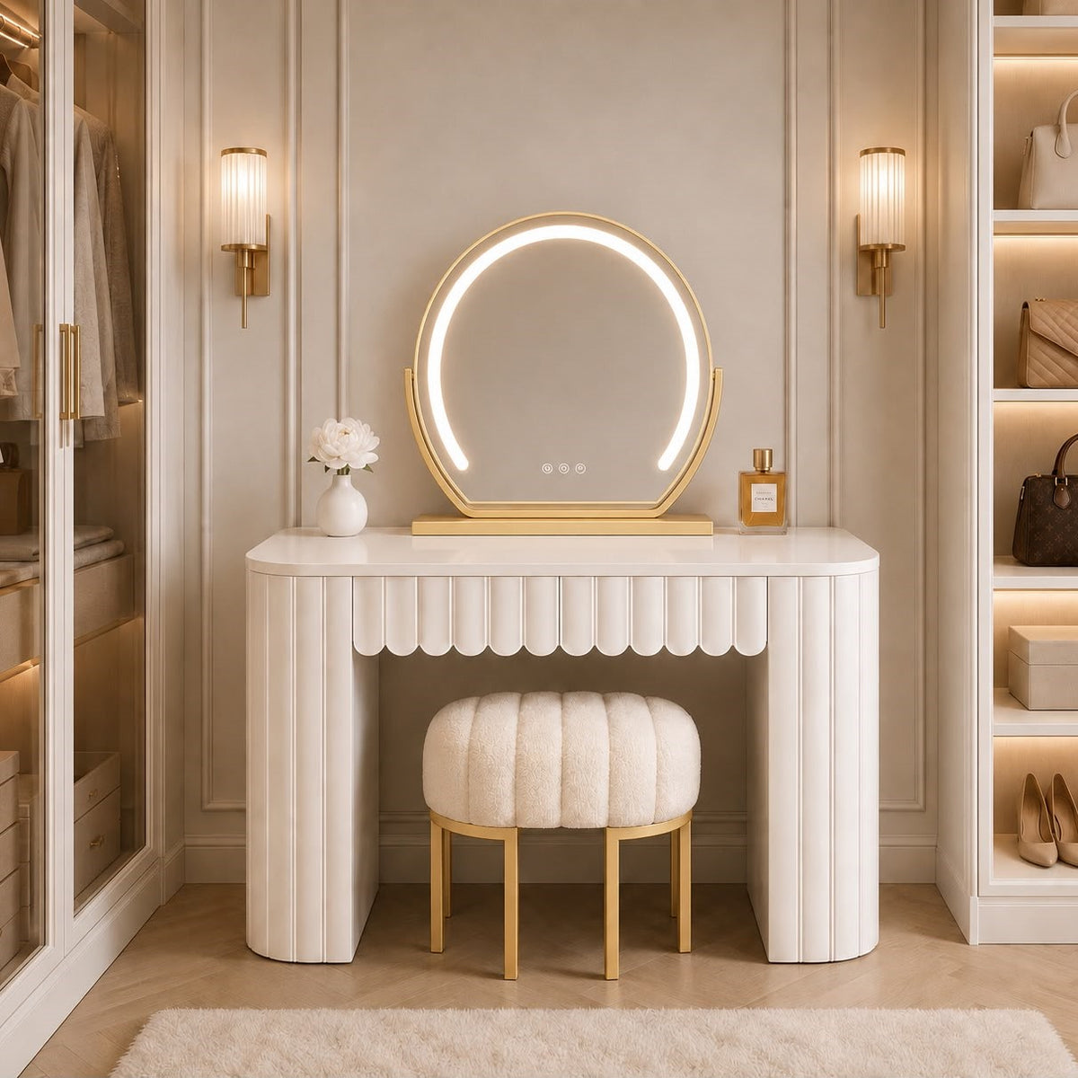 The Clara Dressing Table - White/Gold (Stool & Mirror Set)