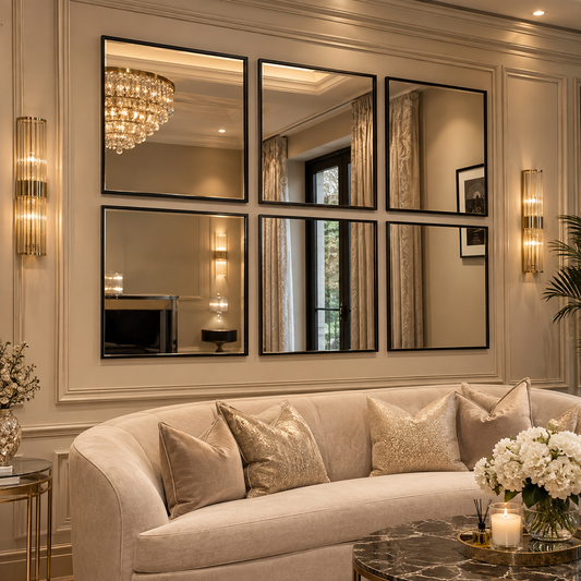 Large Black Framed 6 Panel Wall Mirror
